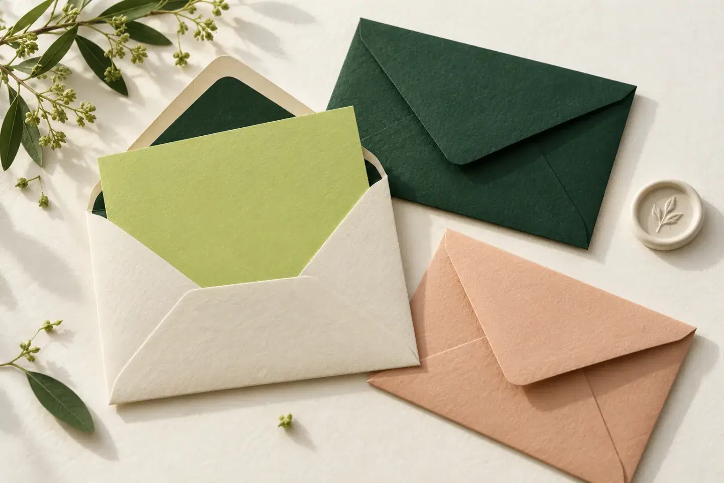 Cream, forest-green and peach paper envelopes with a blank leaf-green letter.
