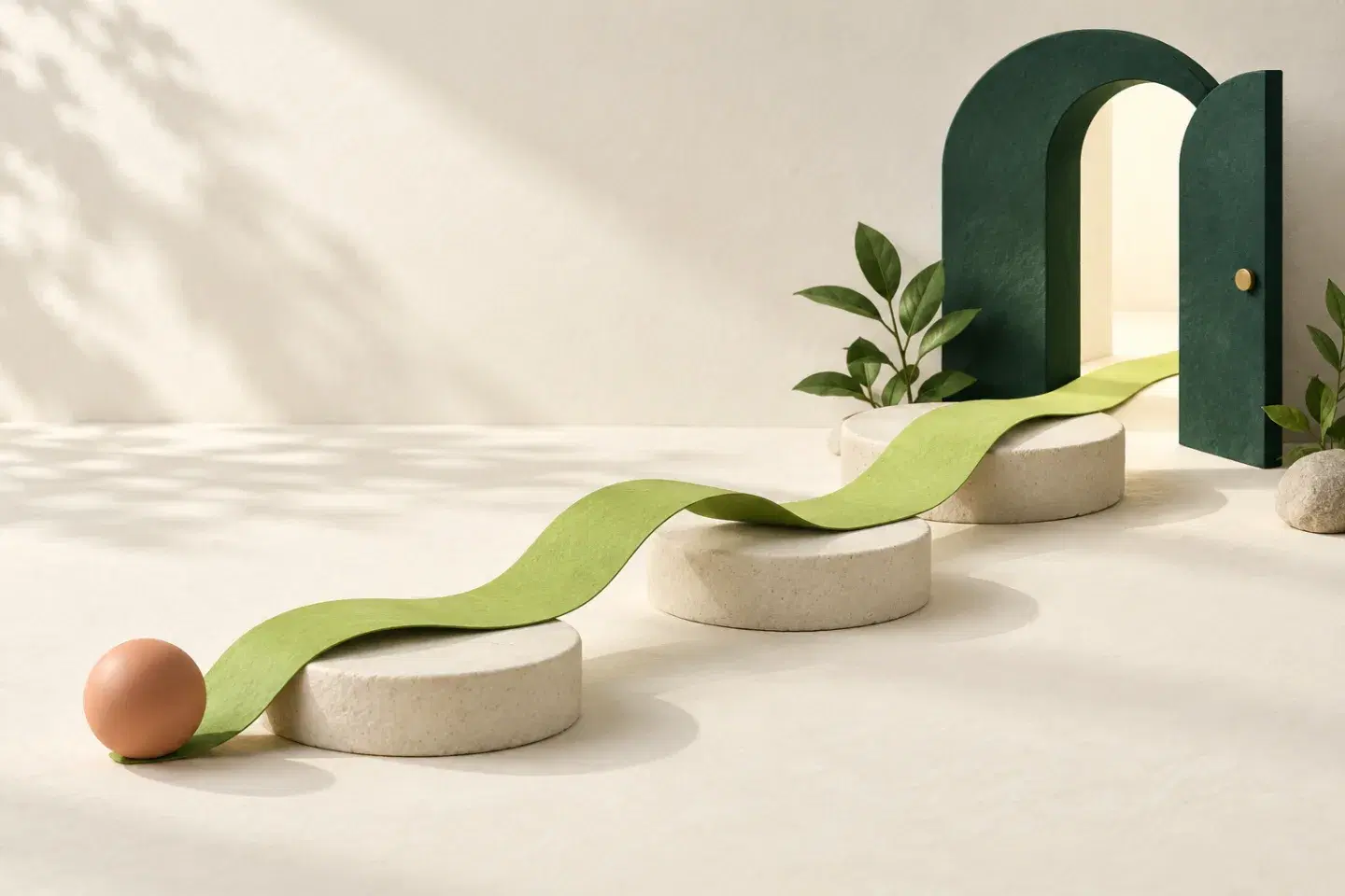 A leaf-green ribbon crosses ceramic stepping stones toward a welcoming open green doorway.