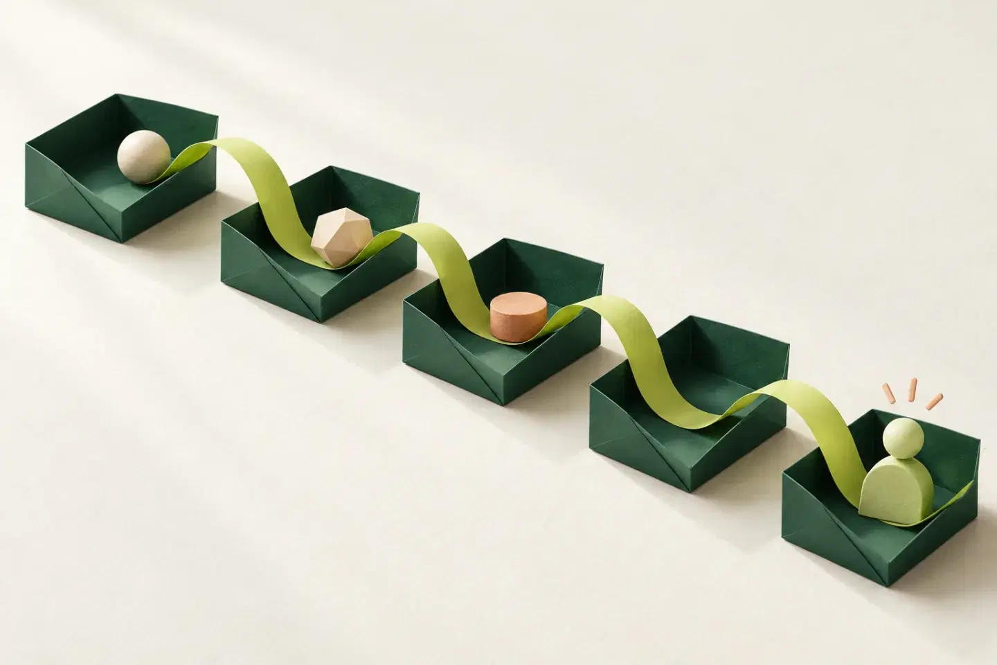 Five forest-green paper trays linked by a leaf-green ribbon, forming a connected hiring pipeline.