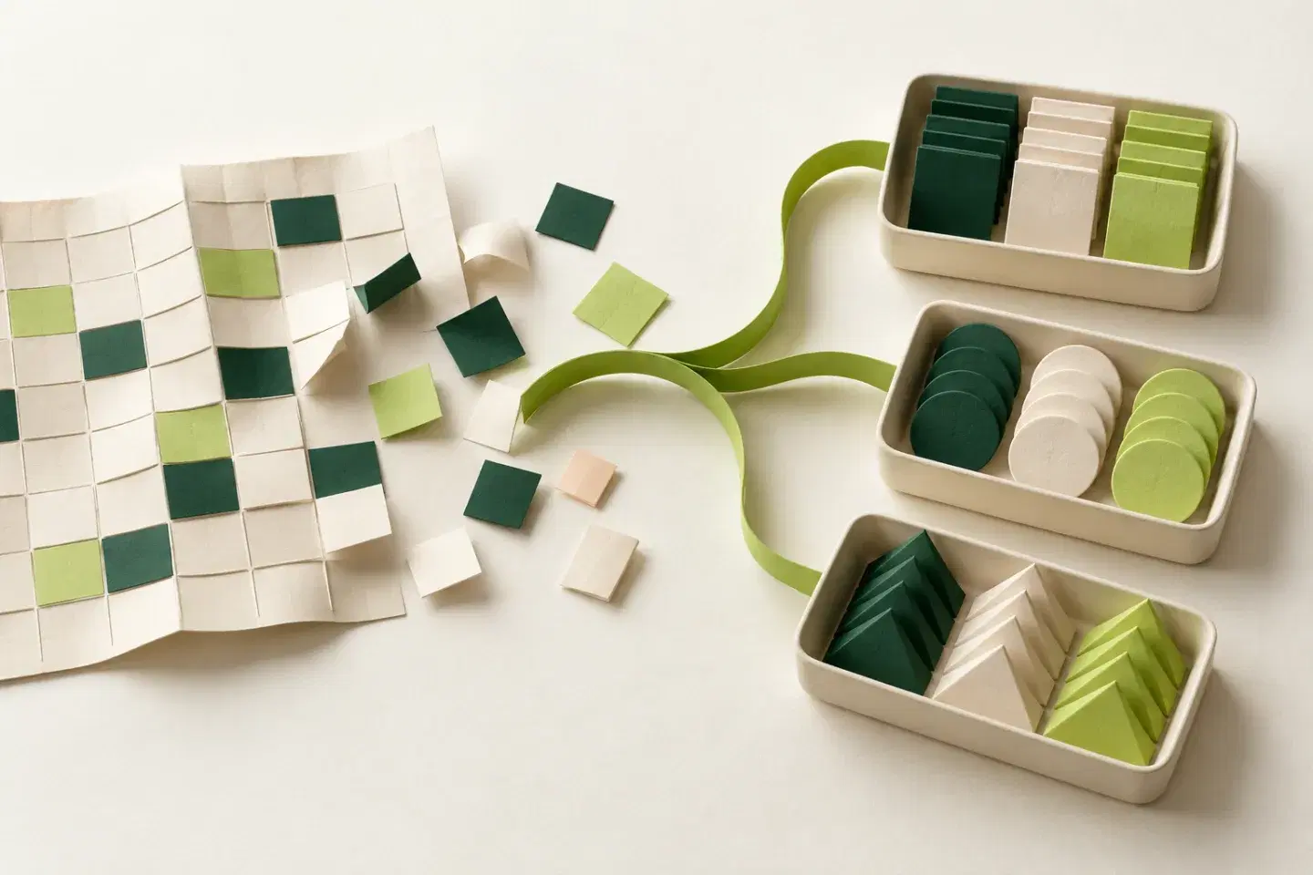 A paper spreadsheet unfolds into organized trays of candidate tokens, linked by a green ribbon.