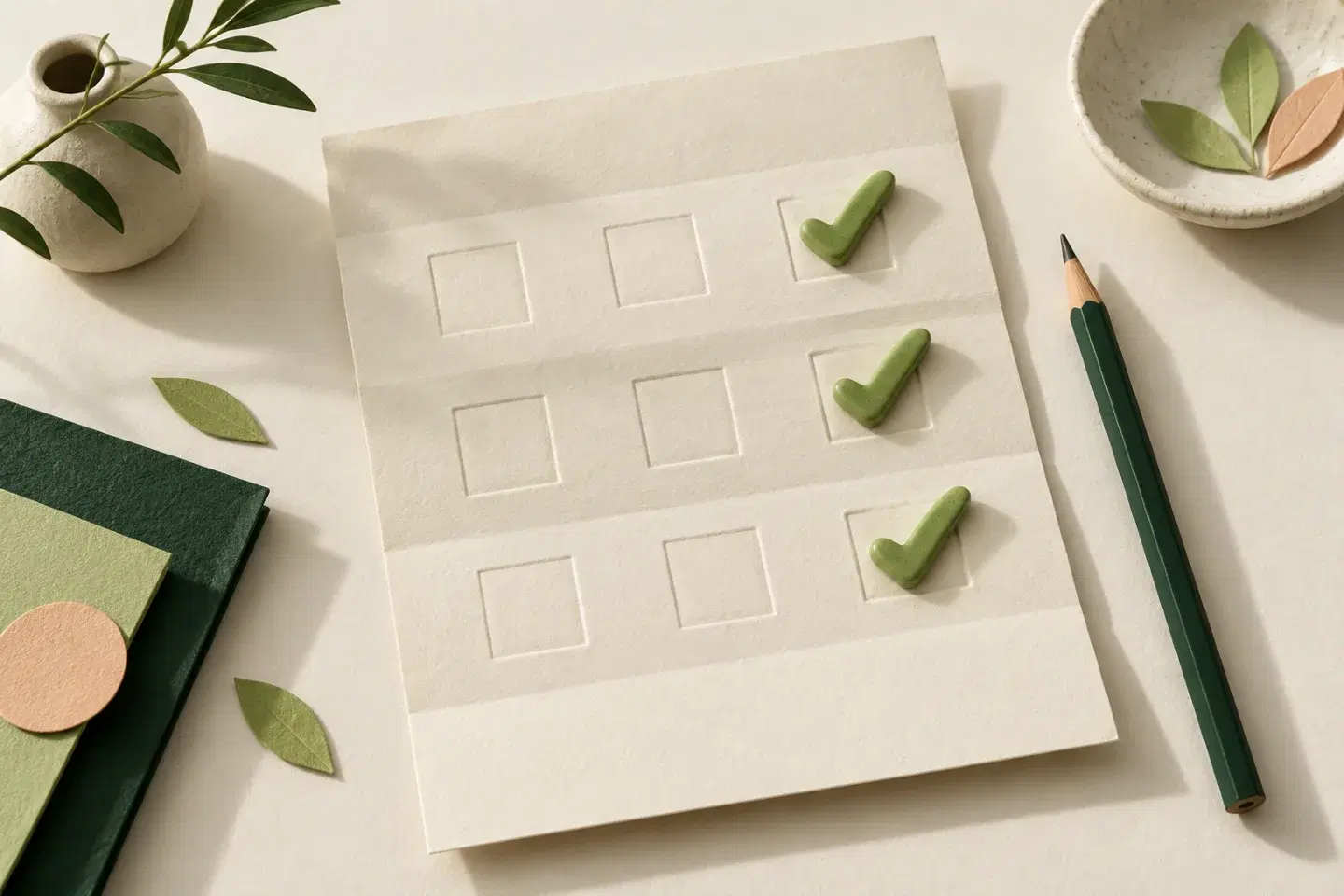 An embossed paper scorecard with three ceramic checkmarks and a green pencil.