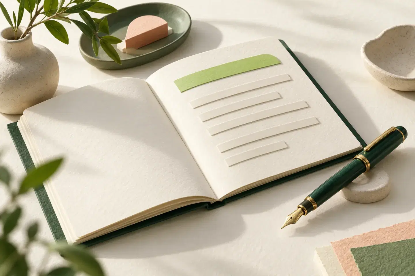 An open paper document with raised blank lines beside a forest-green fountain pen.